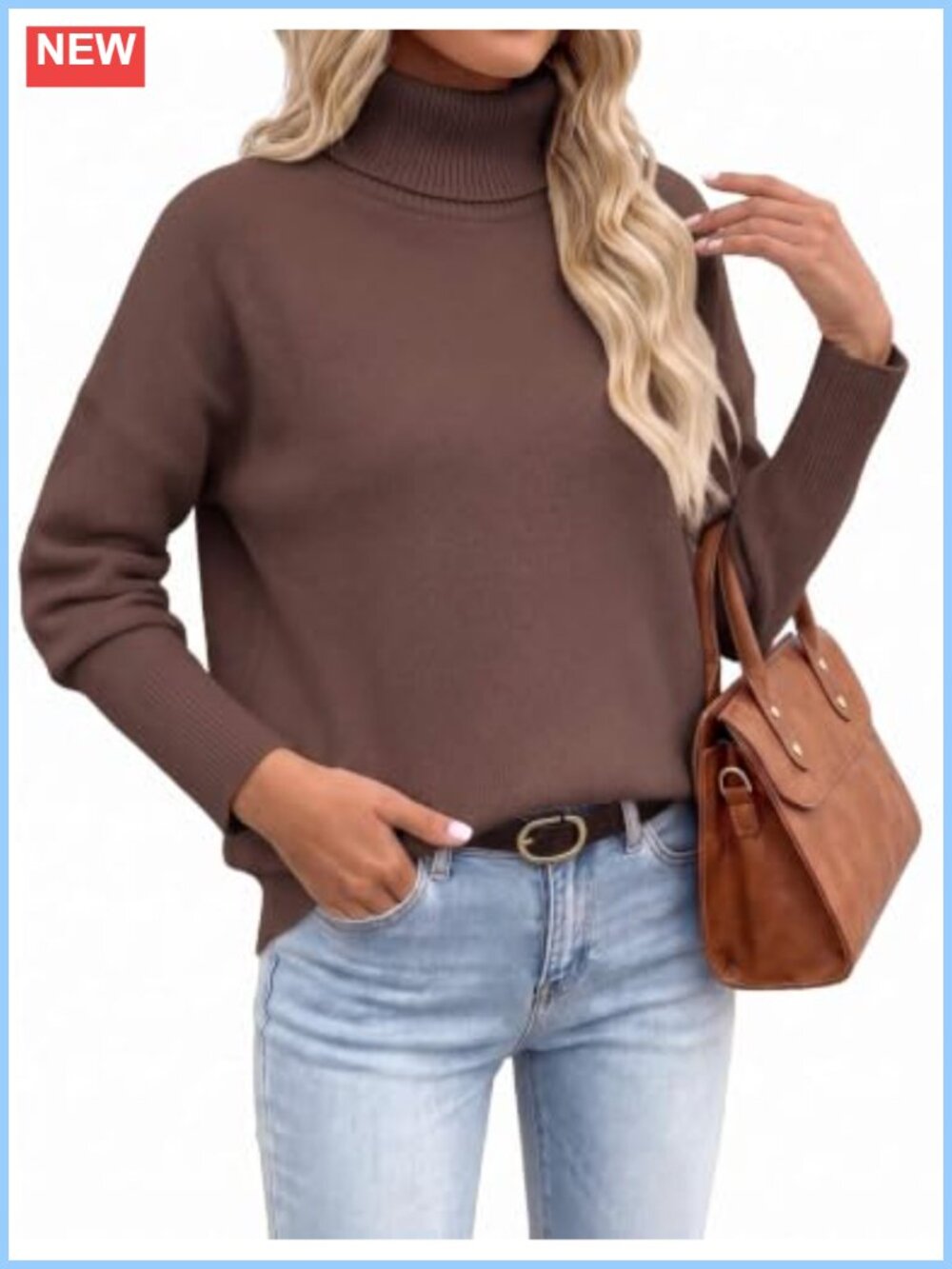 Turtleneck Sweater Mock Neck Loose Fit Pullover Ribbed Knit